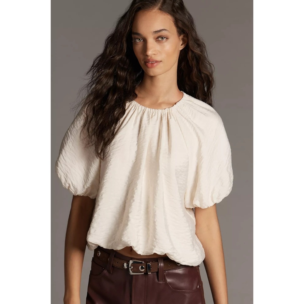 By Anthropologie Top Medium Crew-Neck Bubble Top Puffed Sleeves Romantic Boho - Picture 1 of 11
